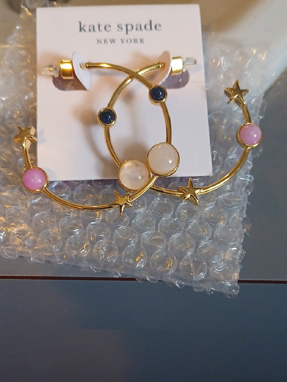 kate spade Gold Hoop Earrings with Pink, Blue and Cream Stones